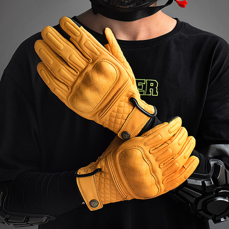 レトロレザーオートバイグローブフルフィンガーイエローバイクレ - Motorcycle Gear Used のレビューと価格